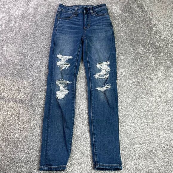 American Eagle Jeans Women's 00 Short Blue Dark Wash Hi-Rise Jegging Ripped - Picture 1 of 11